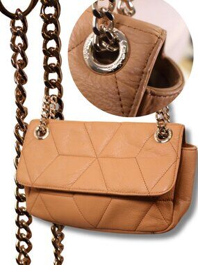 Calvin Klein Tan Quilted Leather Chain Shoulder Bag Small Flap Purse